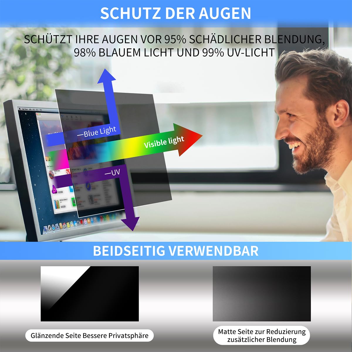 Blickschutzfolie für 24 Zoll 16:9 Monitor - Blaulichtfilter & Blendschutz, Abnehmbar Sichtschutzfolie,PC Blickschutzfilter für Büro