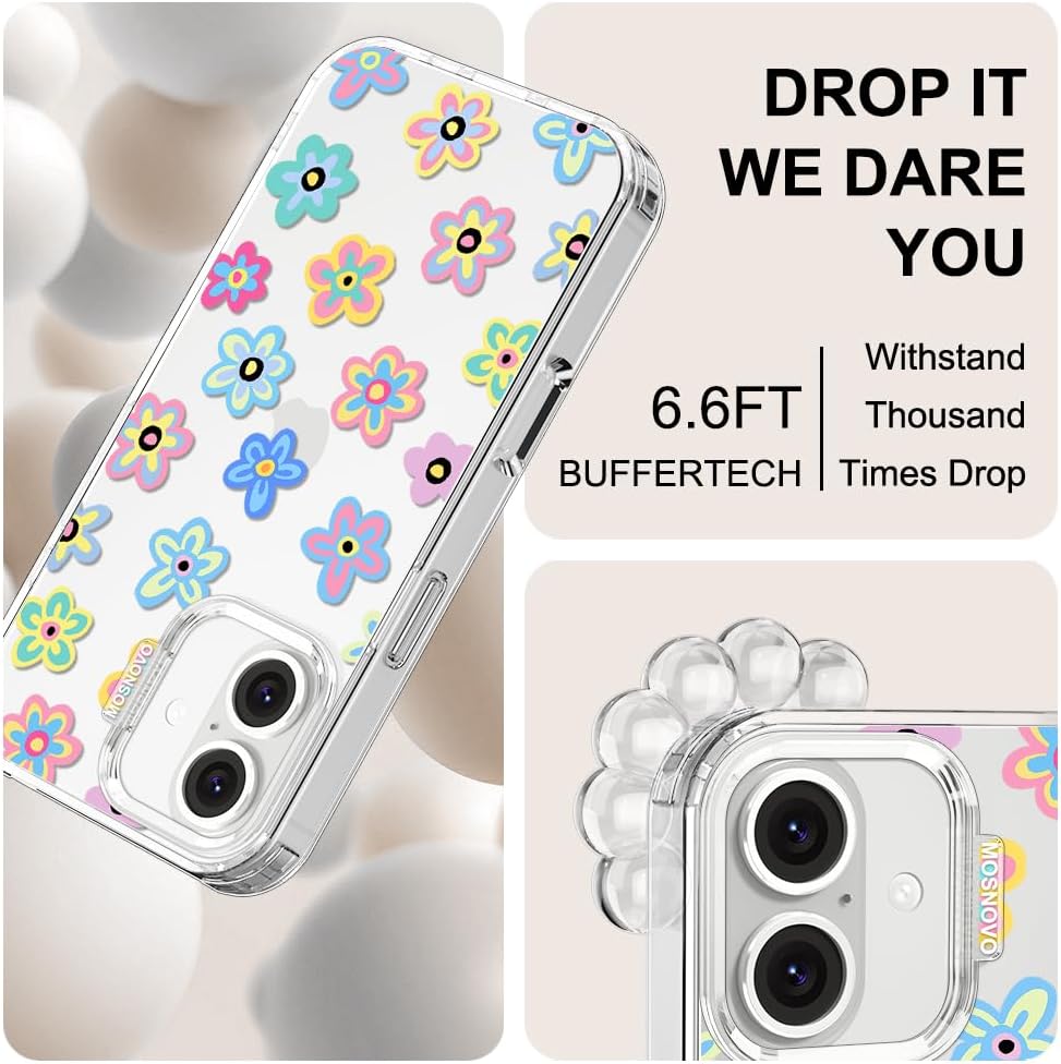 MOSNOVO Case for iPhone 16, [Buffertech 6.6ft Military-Grade Drop Protection] [Anti Peel Off Tech] Clear TPU Bumper Phone Case Cover Design - Groovy Flower - Image 5