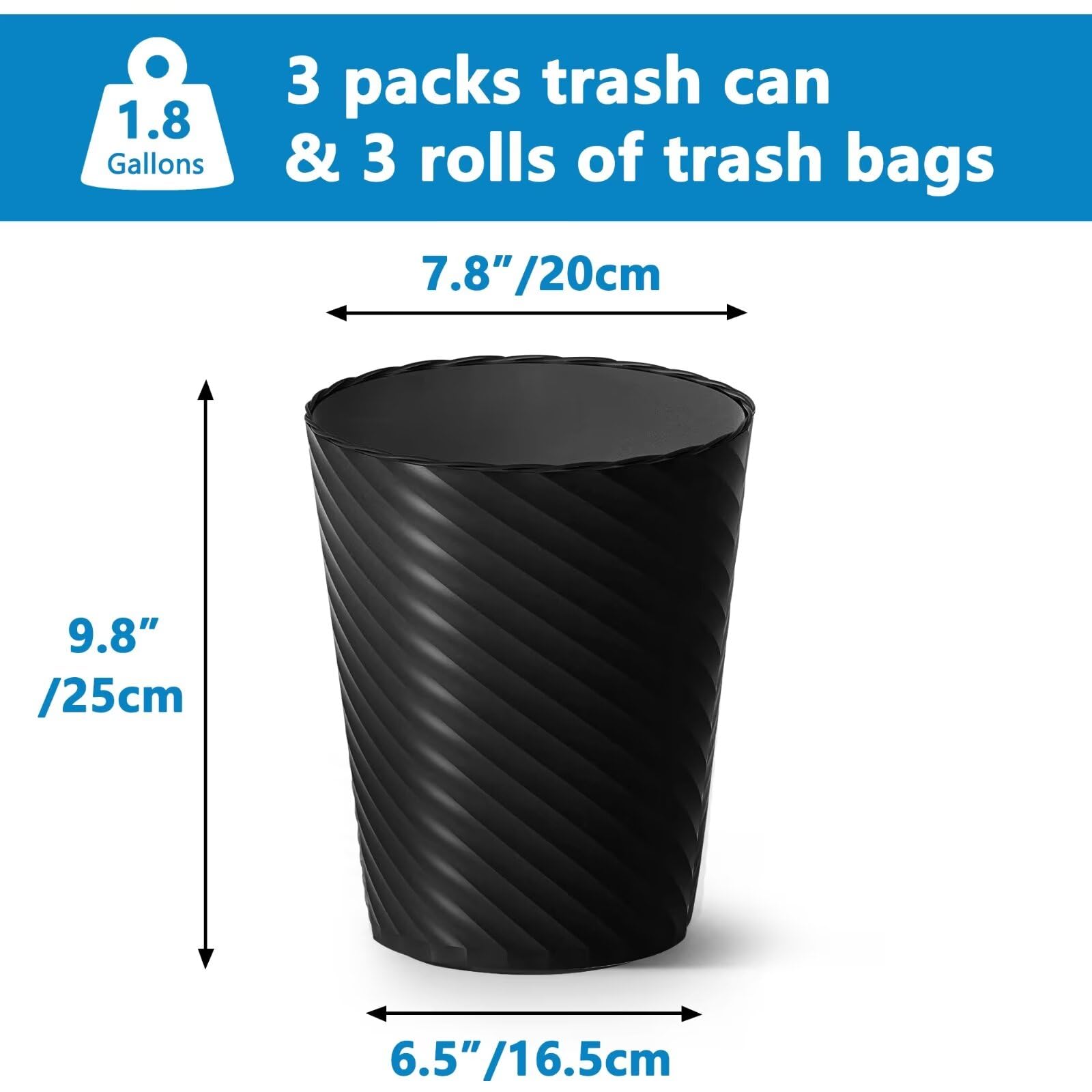 Paquete de 3 botes de basura pequeños de 1.8 galones con bolsas de basura, cubos de basura de plástico, cestas redondas para baño, dormitorio, oficina, cocina, espacio compacto (negro)