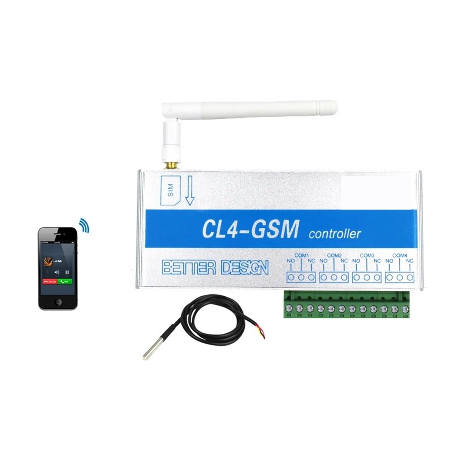 GSM Switch SMS Controller 4 Relays Garage Door CL4-GSM with Temperature Sensor Power Failure Alert for Home Electrical Devices(Kit1)