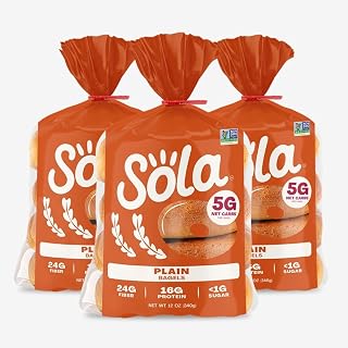 Sola Plain Bagels - Keto Low Carb 5g Net Carbs, 16g Protein, Non-GMO No Sugar Added, 4-Pack of 3 (12 Bagels)
