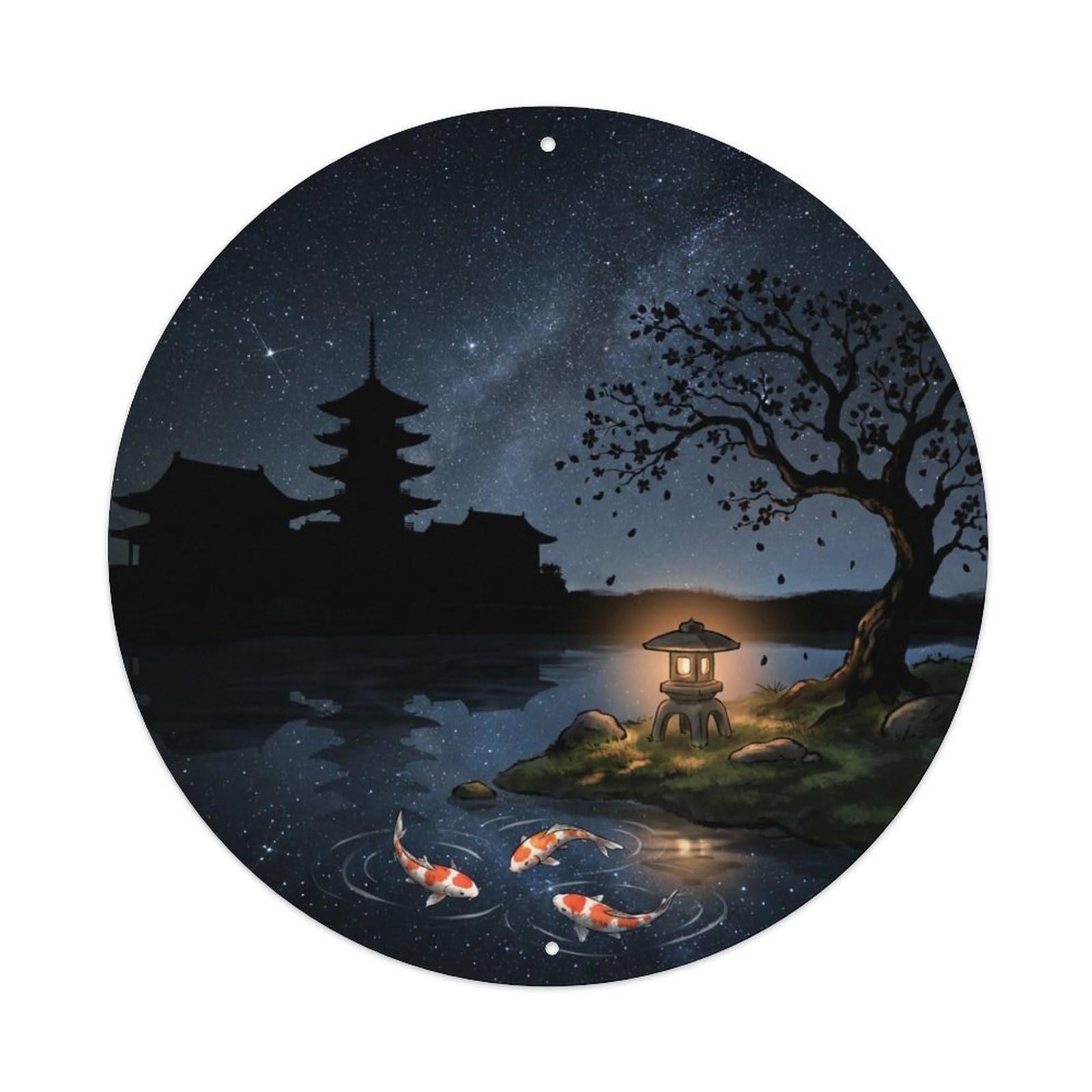 Galvaxio Style Japanese Koi Fish Night Stars Temple Silhouette Metal Tin Sign