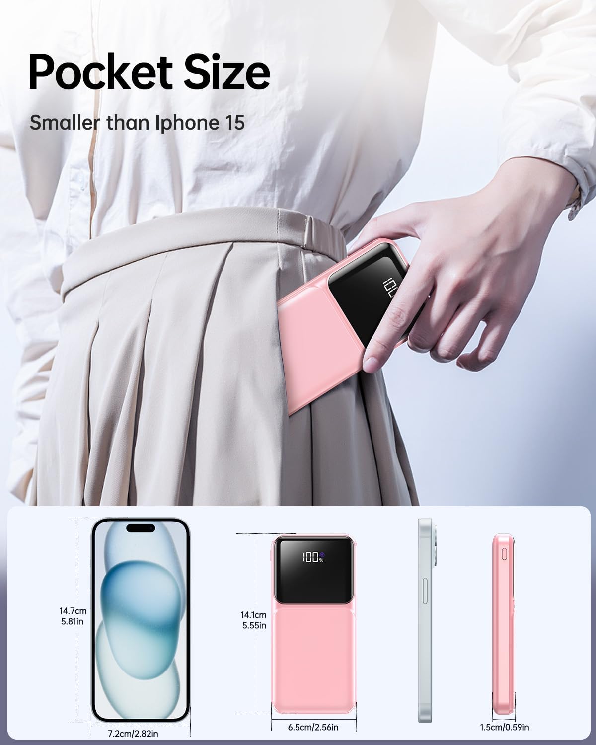 Cargador portátil con cable integrado, batería externa de carga rápida de 22,5 W, USB C, 10000 mAh, pantalla LED, paquete de batería de viaje, 5 salidas y 3 entradas para iPhone, Samsung, Android