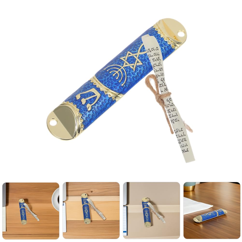 LOGOFUN 2Sets Antique Decorative Metal Jewish Case with Scroll for Front Door Religious Blessing Ornament Home Decor - Golden Blue 106mm