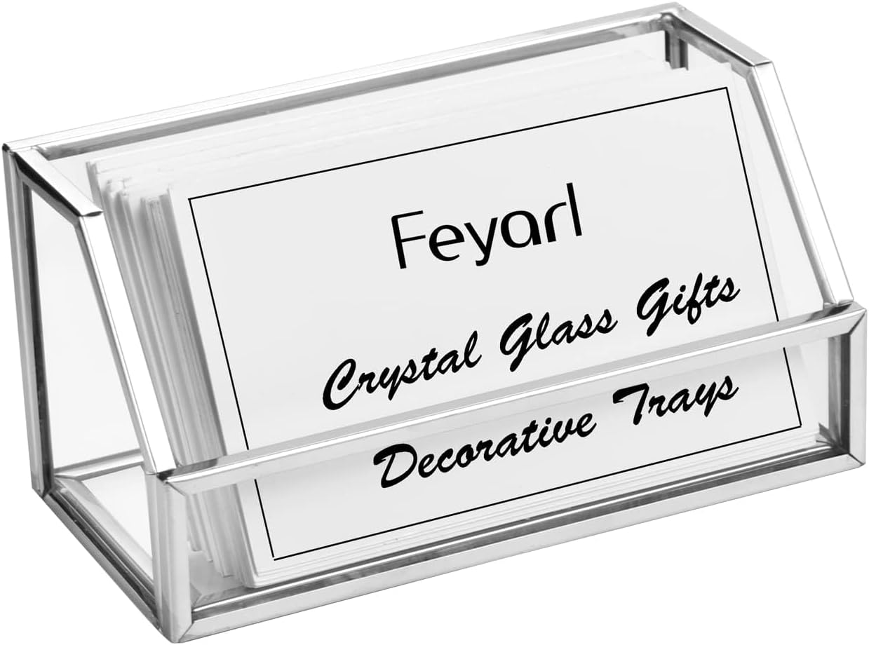 Feyarl Glass Business Card Holder Office Business Name Card Stand Display Business Card Organizer Storage for Meeting Desktop Countertop (Silver)