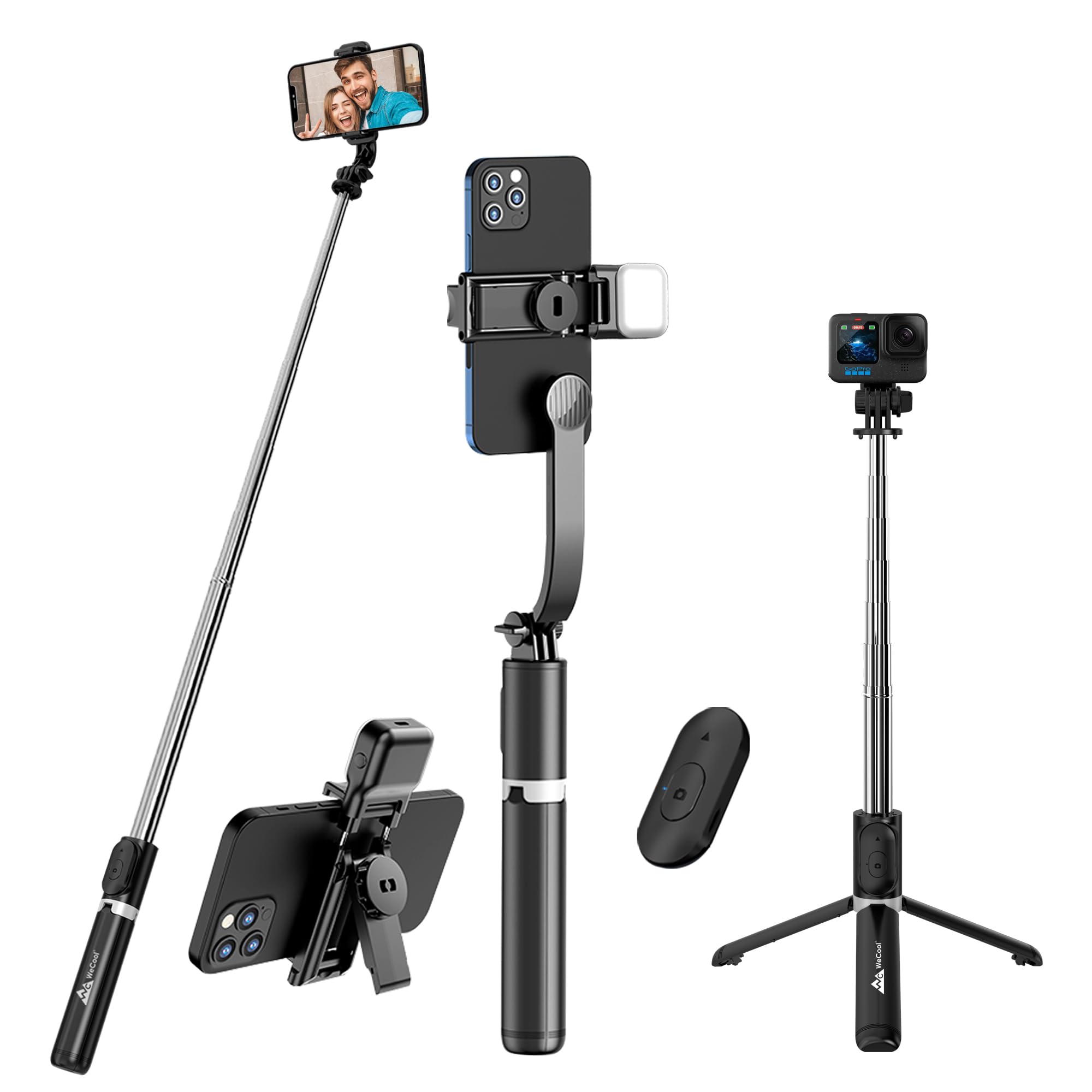 WeCool S2-L Selfie Stick with Light in 6 Shades(3 Colours & 2 Tones) with Detachable Mobile Holder, Extendable Upto 41inc/104cm Inches,Tripd Stand with Light Designed for Selfie & Vlogging..