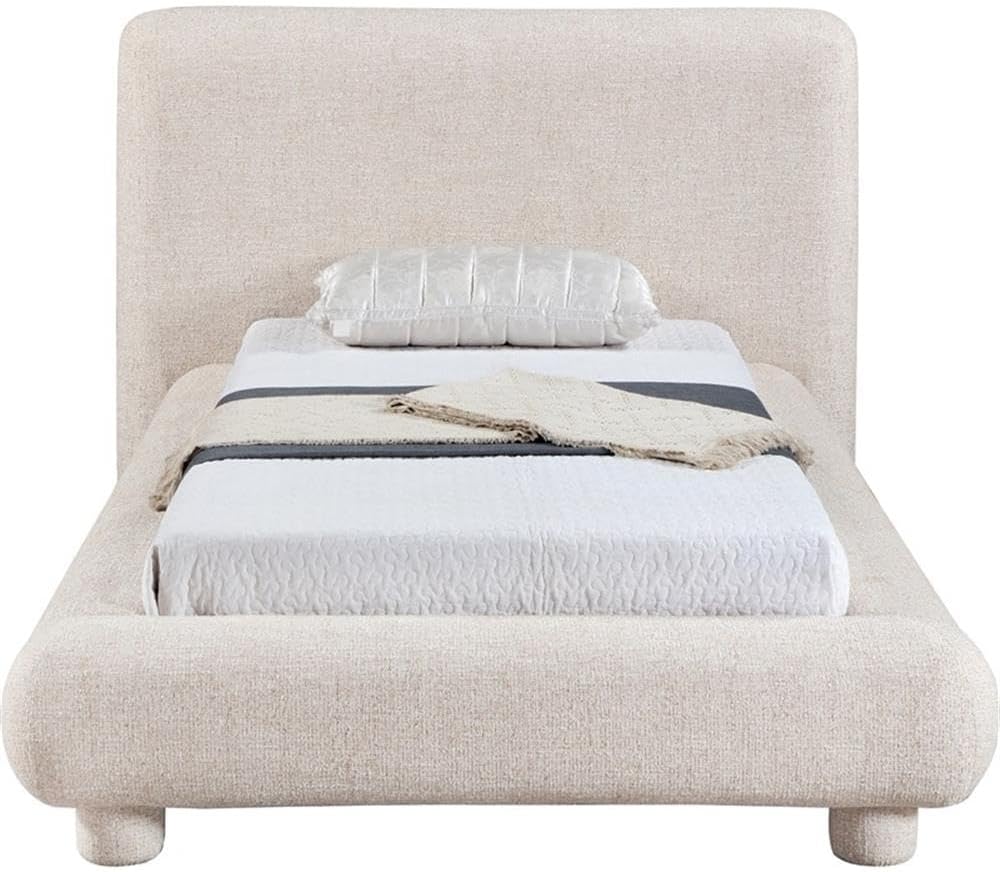 BOWERY HILL Contemporary Twin Bed, Rich Beige Polyester Upholstered Finish, 63" W x 93.25" D x 42.5" H, Fully Slatted, No Boxspring Required, Neutral Design for Bedroom Furniture Style