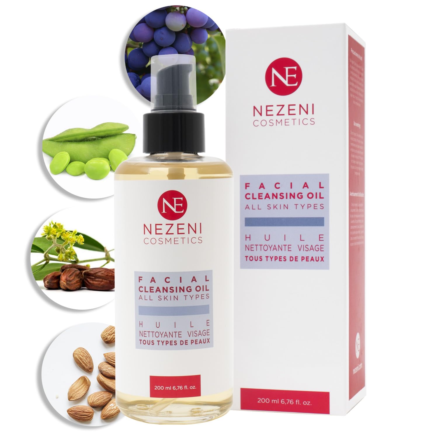 Nezeni Aceite Limpiador Desmaquillante 200 ml | 10 Principios Activos | 7 Aceites | Vegano | Para Todo Tipo de Pieles, incluidas Secas y/o Sensibles BAJA EN CONSERVANTES