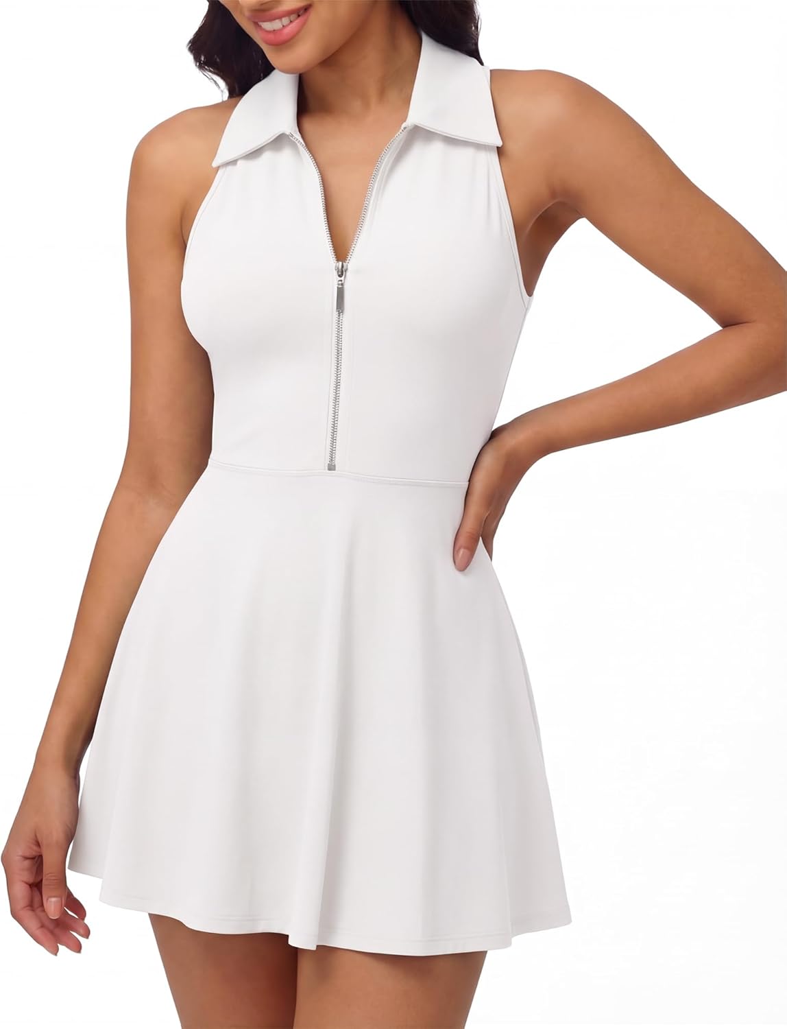 Women Golf Dress Zip Front Collar Tennis Workout Dresses Sleeveless Racer Back Athletic Dress with Shorts