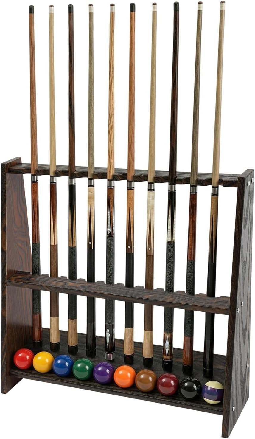 10-Hole Billiard Cue Holder, Wood Grain Pool Stick Floor Stand, Single Row Vertical Cue Rack for Home Game Room Bar, Space Saving Corner Rack with Wide Base 7.9", Brown