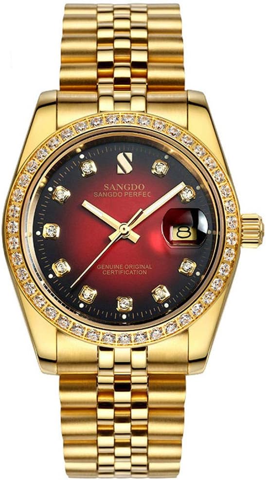 TEINTOPMen Gold Watch Red Dila Waterproof Sapphire Diamonds Srystal Stainless Steel Bracelet Watches