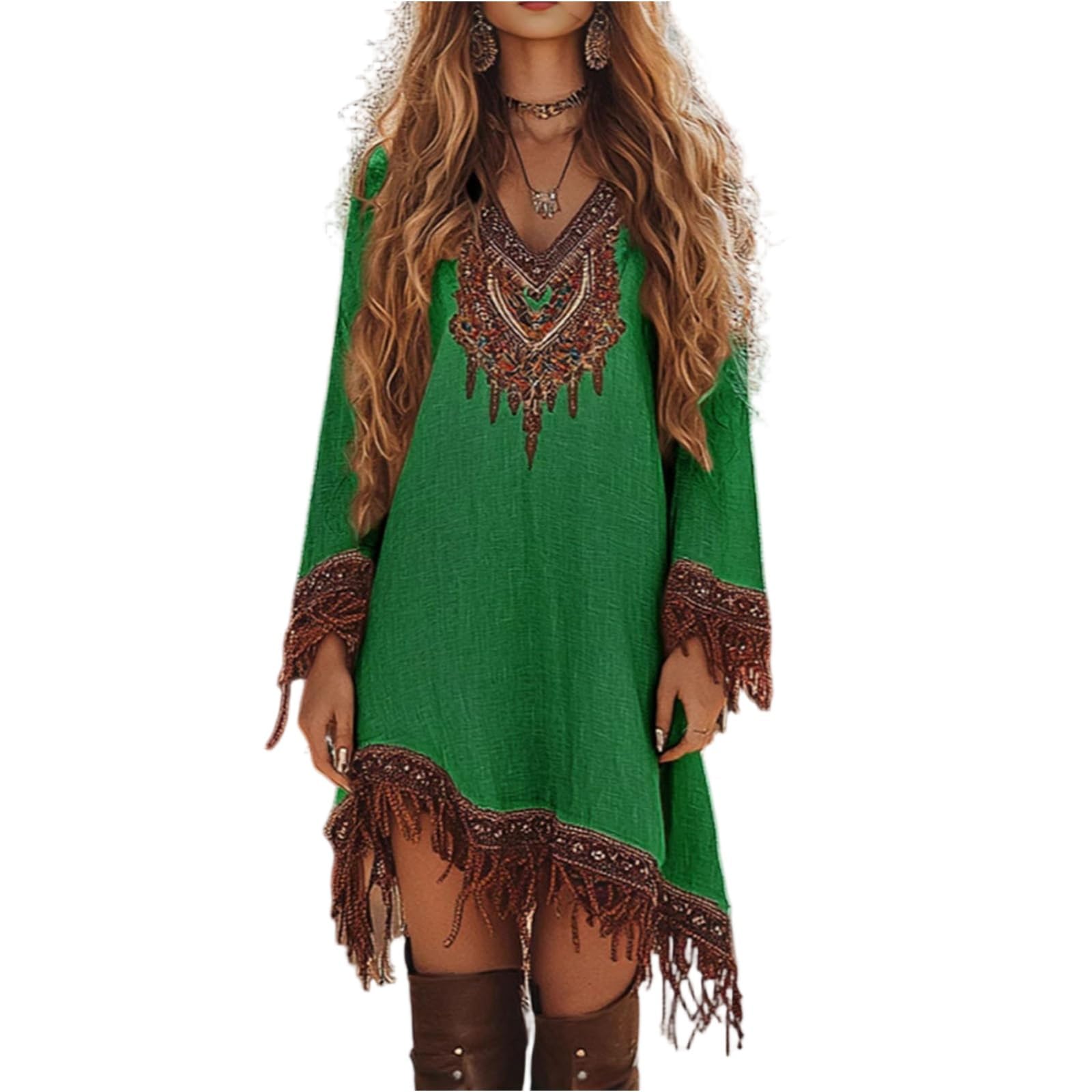 Women's Vintage Western Cowboy Dress - Off Shoulder Flare Dresses Halloween Costume Button Down Fringe Dress 70S Inspired Prairie Outfit Country Party Dresses Ladies Cowgirl Retro Cosplay Wear S