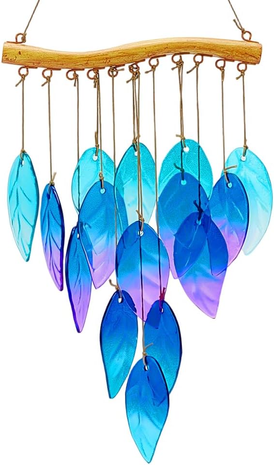 PH PandaHall Leaf Shape Glass Wind Chimes for Outside, Blue Green Feather Windchimes Soothing Sound Chimes Garden Window Decor for Housewarming Birthday Christmas Decoration, 1pc