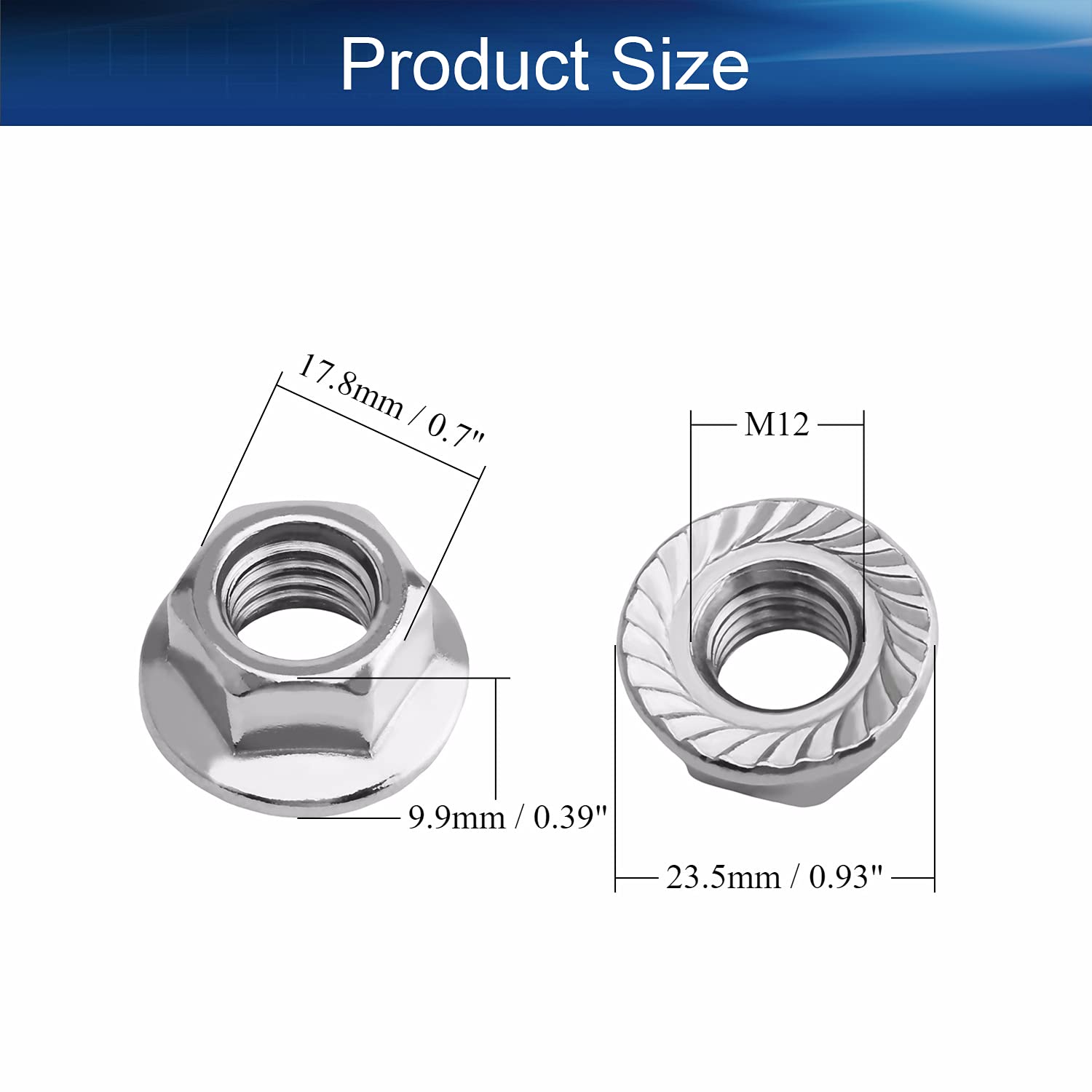 M12 Serrated Flange Hex Lock Nuts, 201 Stainless Steel Silver Tone 20Pcs