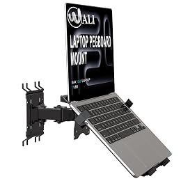 WALI Articulating Pegboard Adjustable Mount for Laptop and Monitor 2 in 1 with Vented Tray, Fits 1" Hole Spacing & Up to 1/4" Hole Diameter, Supports Laptop or Monitor Under 8.8lbs, PM00LP, Black