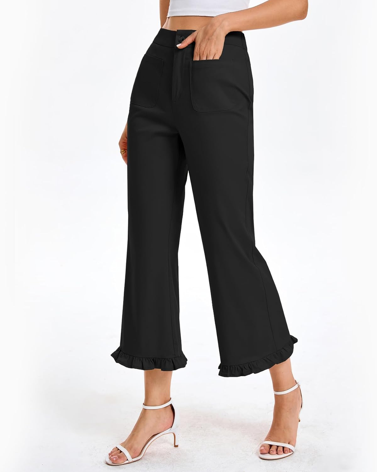 SCOFEEL Womens Ruffle Hem Flare Capris Pants High Waisted Wide Leg Cropped Pants Elastic Waist Trousers with Pockets