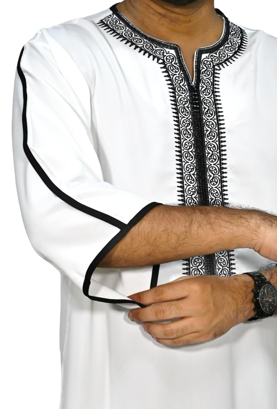 Túnica Tradicional Larga Para Hombre Con Mangas Al Codo Y Bordado Decorativo Ligera