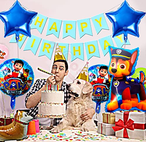 Image of Propsicle Paw-Ptrol Foil Balloon Pack of 5 with Happy Birthday Blue Fishtail Flags Pack of 1 Baby Birthday Party Supplies Item