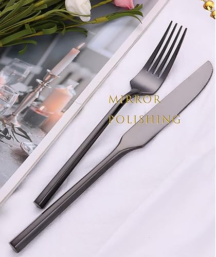 Miniatura 4 de Juego de utensilios negros de 40 piezas con mango hexagonal, juego de cubiertos negros de acero inoxidable 1810 para 8, juego de cubiertos