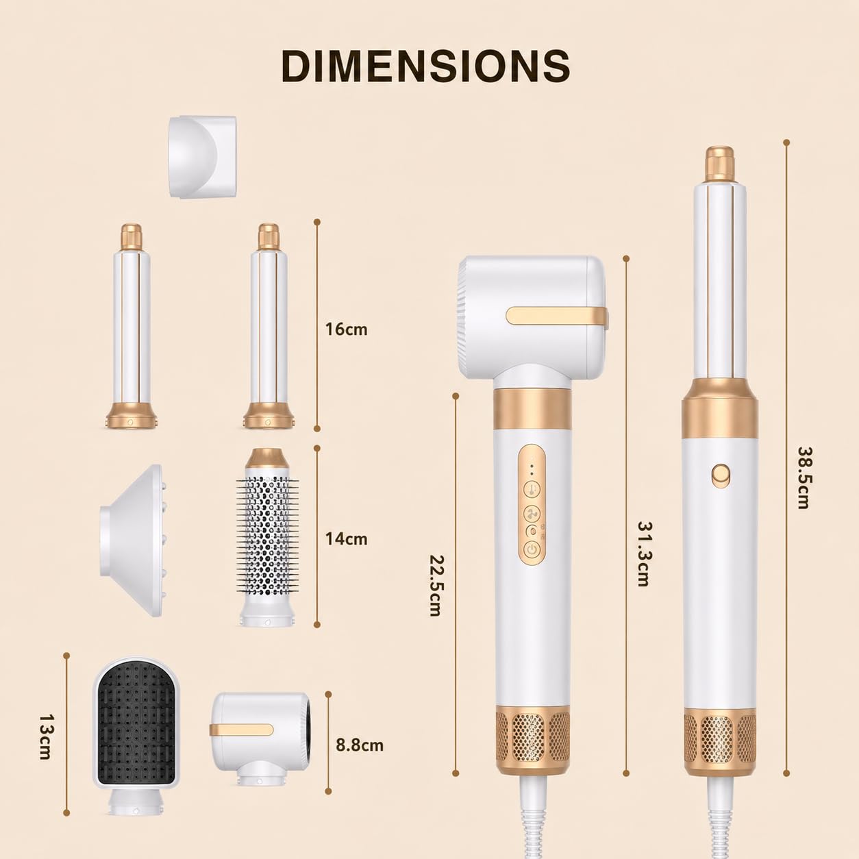 Suszarka do włosów z 7 akcesoriami, Golden Goods Multistyler Suszarka do włosów, Airstyler 7 w 1, do suszenia, szczotka do stylizacji na gorąco, do prostowania, do kręcenia loków, White/Gold Edition