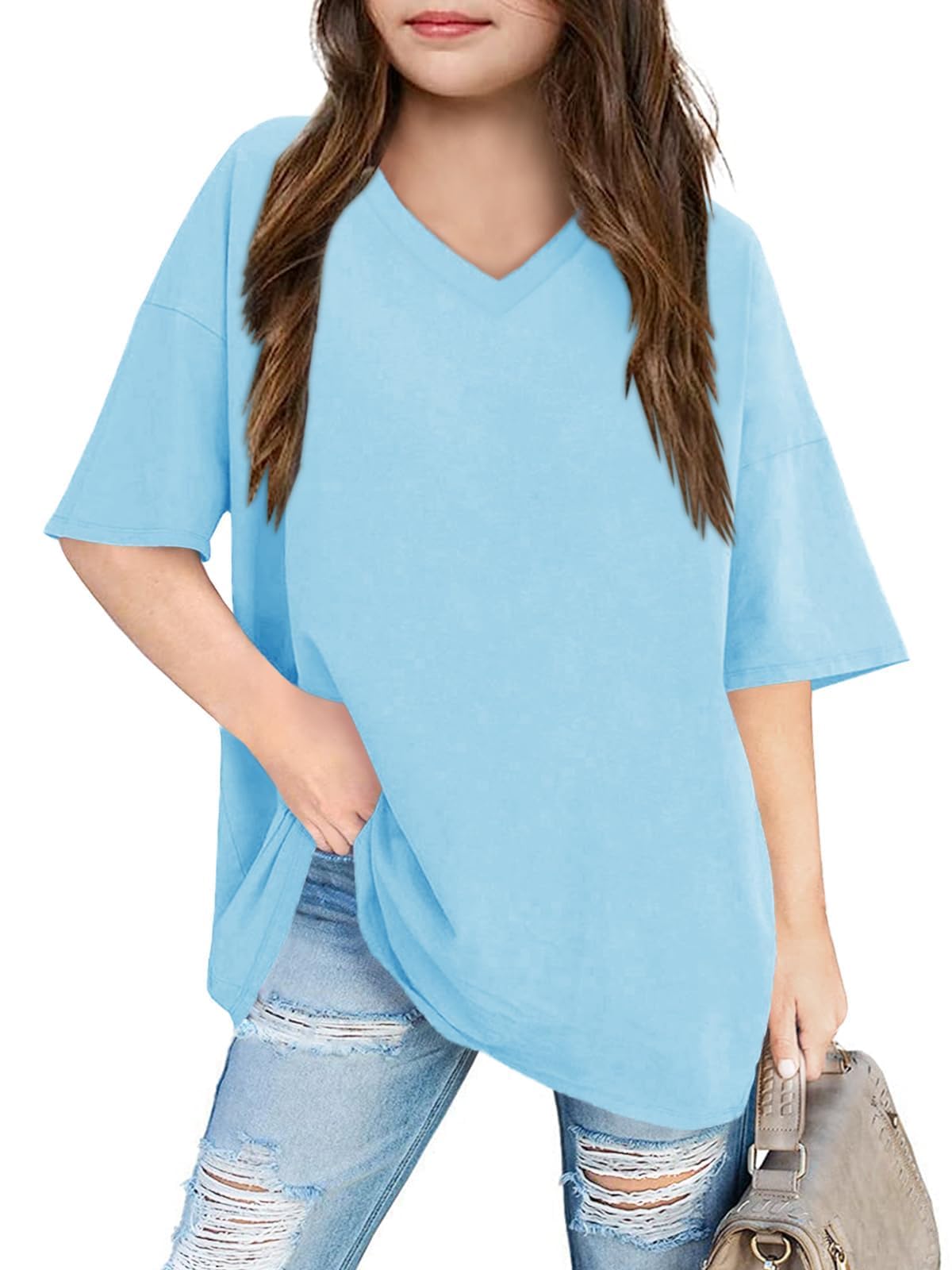 Haloumoning Camisetas de verano para niña, manga corta, túnica grande, informal, cuello en V, camiseta para niños, camiseta básica