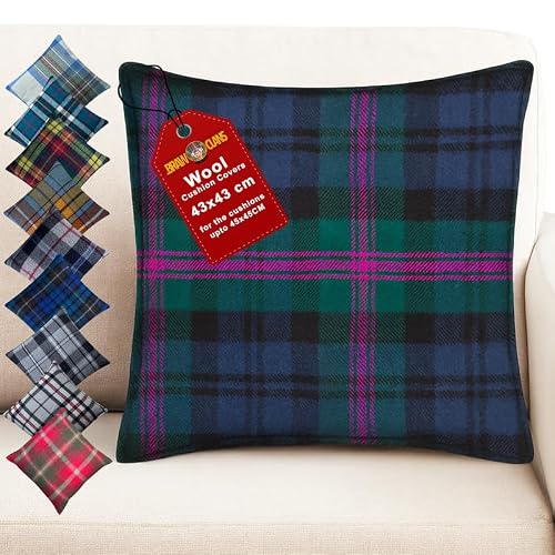 Image of BRAW CLANS TARTANS Wool cushion covers 45x45 CM, Heritage tartan sofa cushion cover for winter warm, Green Check large cushion case, home decor, Travel, Car - Baird Highlands Tartan