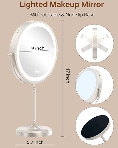 Miniatura 6 de Espejo de maquillaje grande iluminado de 9 pulgadas, espejo de tocador de aumento recargable de 5000 mAh con 3 colores de luces regulables, 1x10x