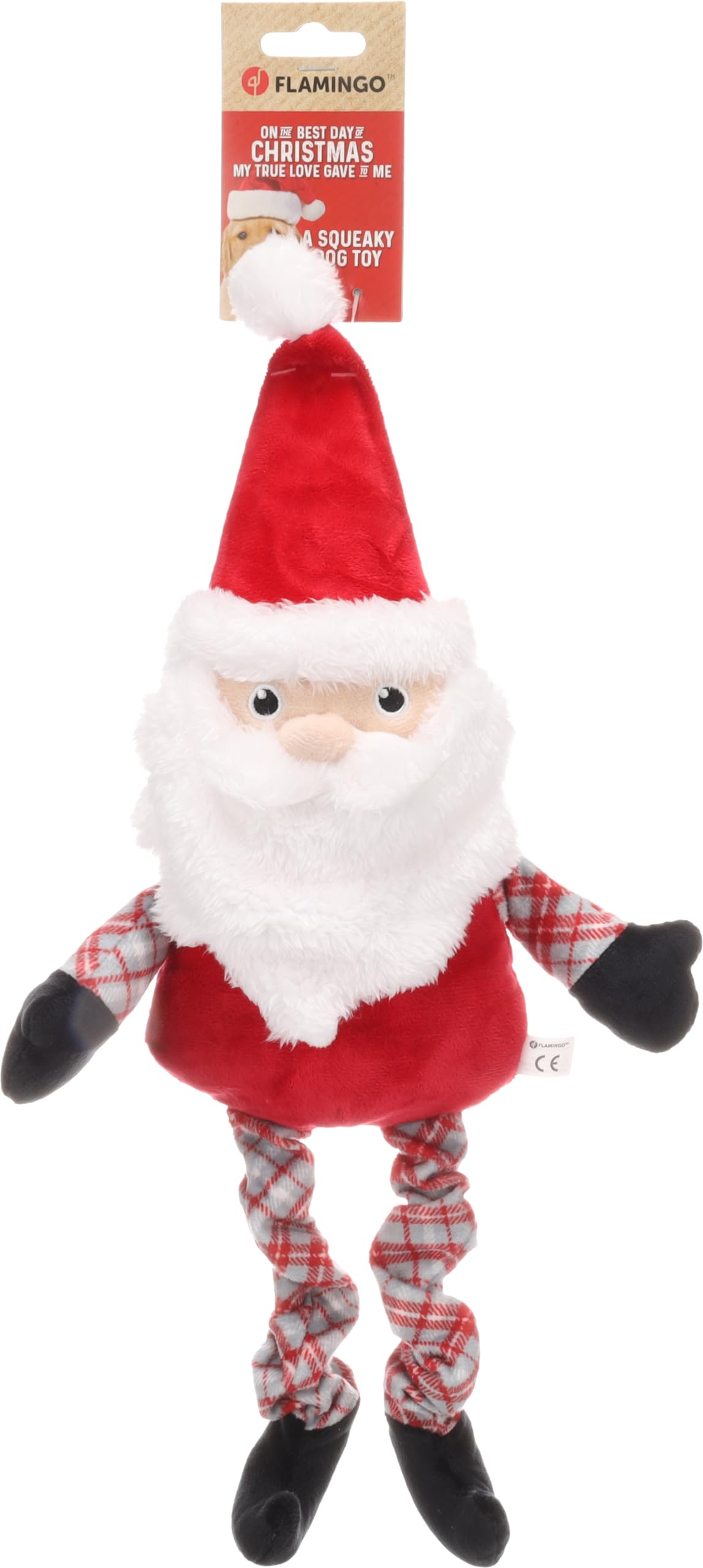 Flamingo Hundespielzeug – WEIHNACHTSSPIELZEUG – Antonella Weihnachtsmann Rot – 48 cm – Plüschspielzeug mit Quietscher und elastischen Beinen Festdesign