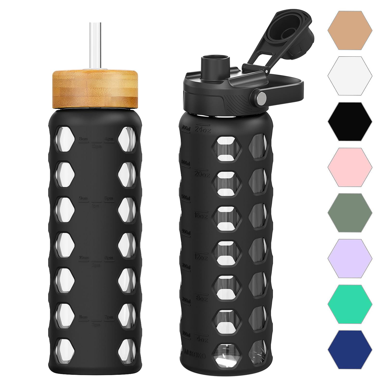 HYDRAGLAZIC 700ML Glaswasserflasche mit 2 Deckel Flip und Bambusstroh Deckel Sport Wasserbecher mit Zeiterinnerung und Silikonhülle Auslaufsicher BPA-frei, Schwarz