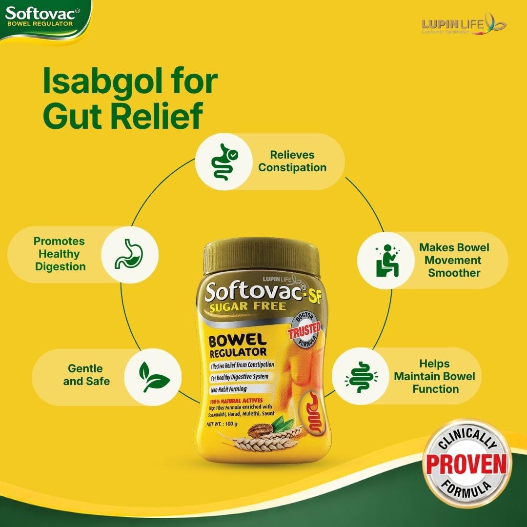 Softovac-SF Softovac Isabgol Fiber Plus Formula 100g Sugar free Psyllium Husk Natural Actives Complete Relief from Constipation Gentle on Stomach Natural Bowel Regulator for Adults — Amazon image 3