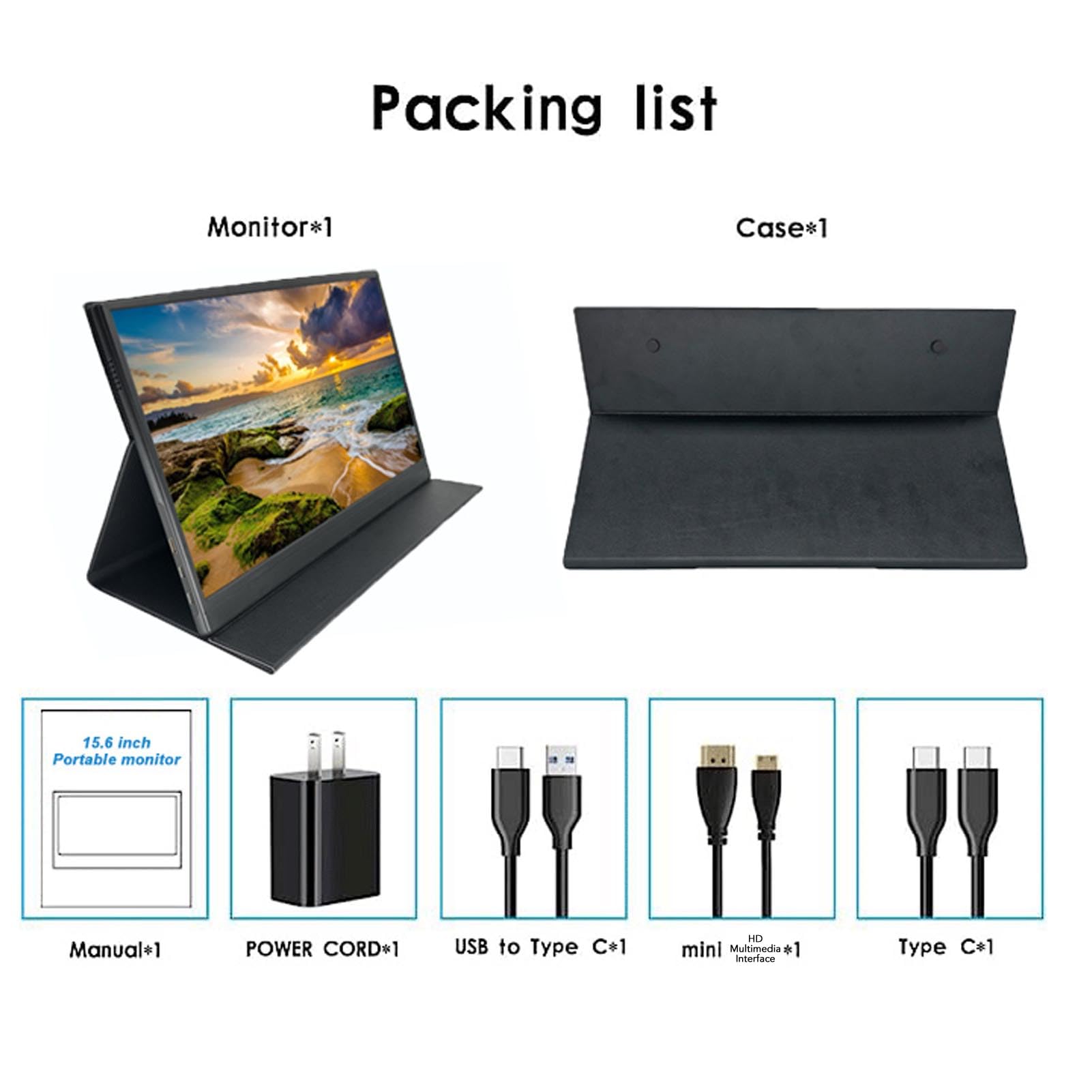 Annadue Tragbarer, 15,6 Zoll HD IPS Laptop Bildschirmverlängerung mit Schutzhülle, Gaming mit Dual Lautsprecher fürSeries X S für PS5 für Switch (EU-Stecker)