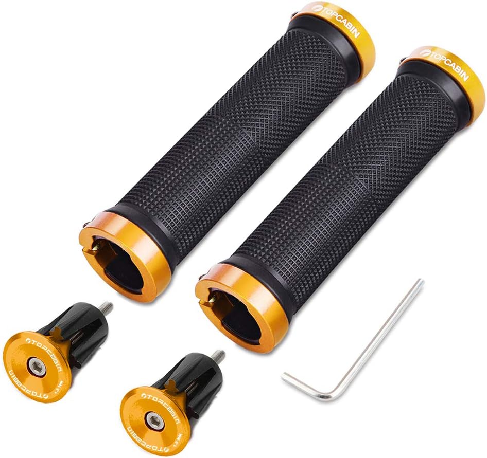 Bicycle Grips,Double Lock on Locking Bicycle Handlebar Grips Rubber Comfortable Bike Grips for Mountain BMX ((Aluminum Lock Plug) Gold 1 Pair)