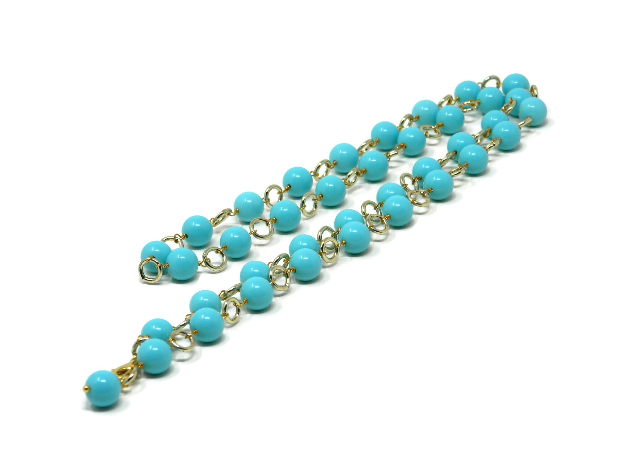 Collana Lunga Donna con Anellini Dorati e Palline in Pasta di Turchese – Handmade in Italia – Argento 925 – Nickel Free – 89 cm - DodiGioielli