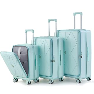 TRAVELEO 3 Piece Luggage Set 100% PC Hardshell, Front Opening Expandable Suitcase (20/24/28) with Laptop Compartment & Free Custom PVC Covers, Trunk Style Lightweight Spinner Wheels TSA Lock - Amazon product rated Grade B
