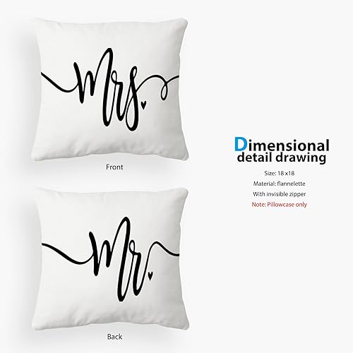 Miniatura 6 de Mr.&Mrs. - Juego de 2 fundas de almohada blancas de 18 x 18 pulgadas, para decoración del hogar, dormitorio, regalo divertido de boda, aniversario,