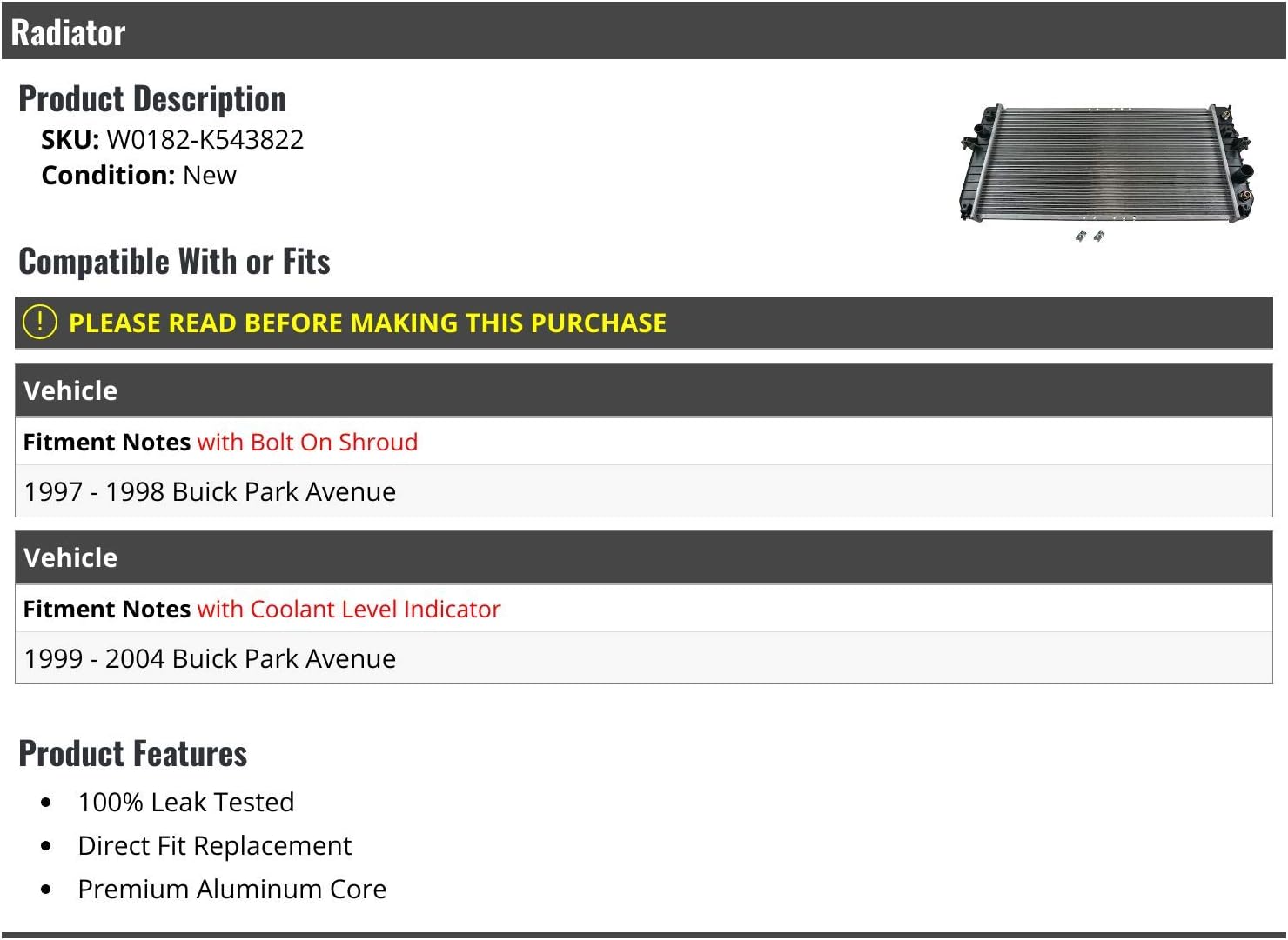Radiator - Compatible with 1997-2004 Buick Park Avenue