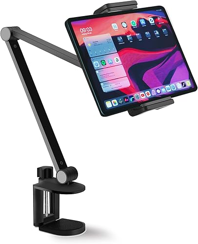 NueZoo Soporte para iPad, soporte de aluminio para tableta, soporte de abrazadera de brazo largo para escritorio, soporte giratorio de 360 para