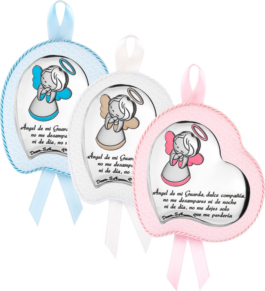 Medallón musical con forma de corazón y con Aplique Bilaminado en Plata de Ley 925‰ Infantil con diseño de la Oración "Ángel de mi Guarda". Con opción de Personalizado. (09655)