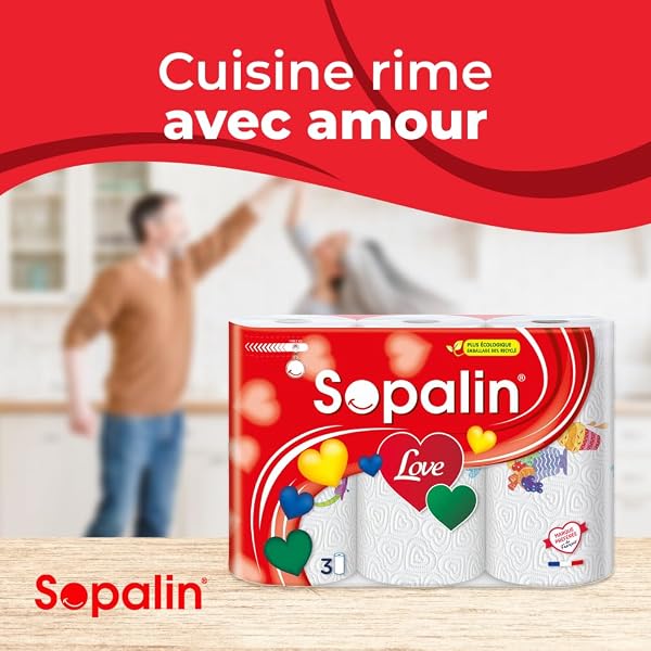 SOPALIN Love – 3 Rouleaux de Essuie-tout cuisine, Décoré, Texture en forme de cœur, Double épaisseur, Blanc - 3