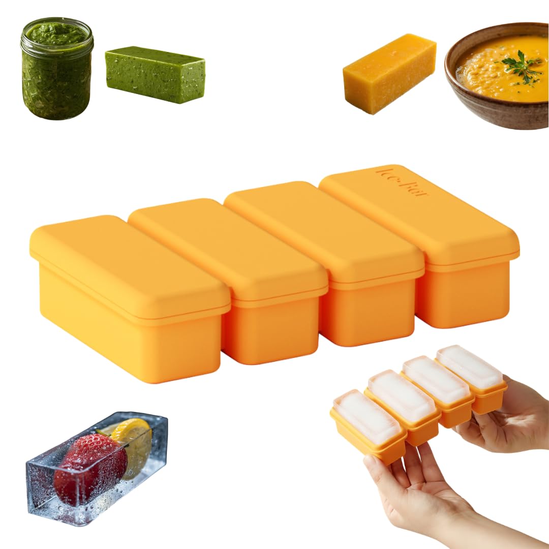 Bar shaped Silicone Freezer Mould for Smoothies, Soups & Sauce with 4 Compartments, 85mL Large Ice Cubes, Microwave & Oven safe,Ice Cube Tray for Cocktails,Iced Coffee, Baby Food, Total Capacity 340ml