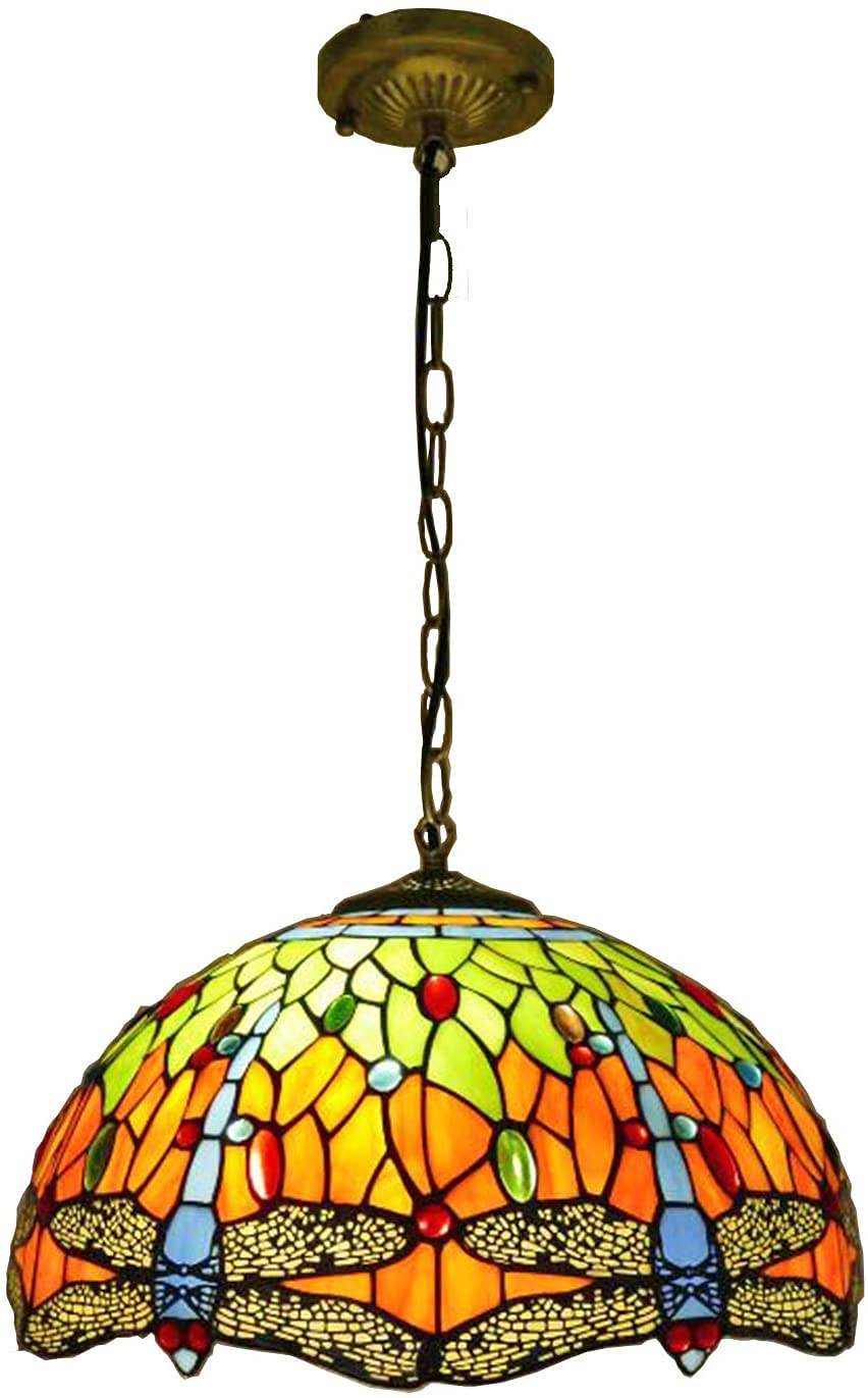 METTEOR 16 Inch Green Dragonfly Tiffany Style Pendant Lights,Handmade Stained Glass Large Lampshade Chandelier, Antique Ceiling Light For Living Roo