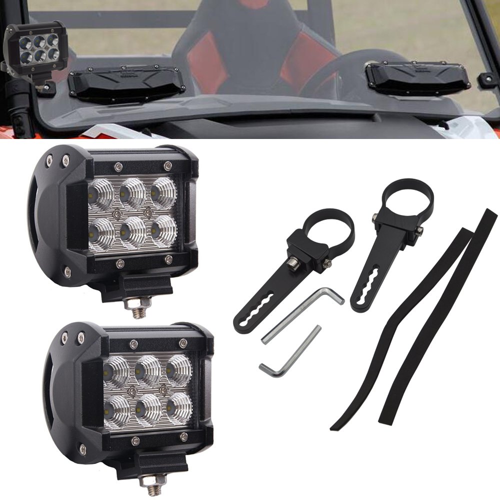 4" 18W Flood Beam LED Work Light w/Pillar Side Roll Bar Clamps Mount Bracket Compatible with ATV UTV Polaris Ranger RZR Ace General Arctic Cat Yamaha YXZ Kawasaki Teryx