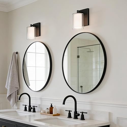 Miniatura 2 de Kalium Juego de apliques de pared de dos piezas, luces de tocador modernas con pantalla de vidrio transparente doble en negro mate para interiores,