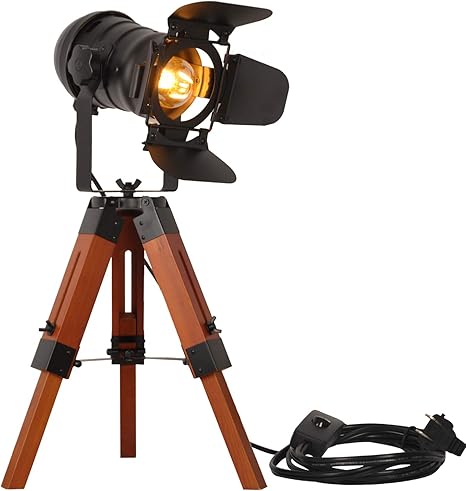 SUNLLOK Modern Industrial Vintage Tripod Floor Table Lamp - Metal Wooden Nautical Cinema Standing Searchlight - Reading Light for Living Room Movie Theatre Decoration Adjustable Height (excluding Bulb)