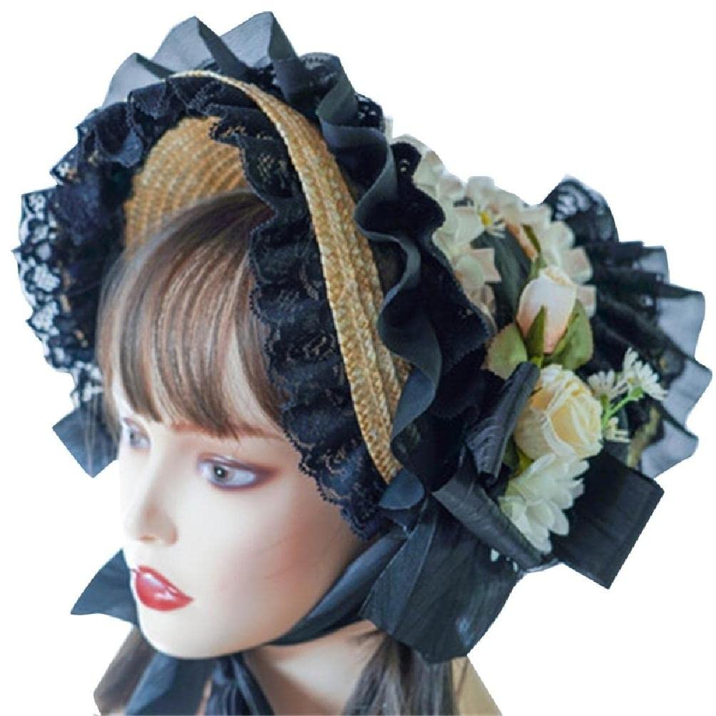 Rimue Women's Black Teas Party Sunhat Floral Straw Hat Lolit Straw Hat Victorian Bonnet Lace Fascinators For Victorian Headdress Victorian Bonnets For Vintage