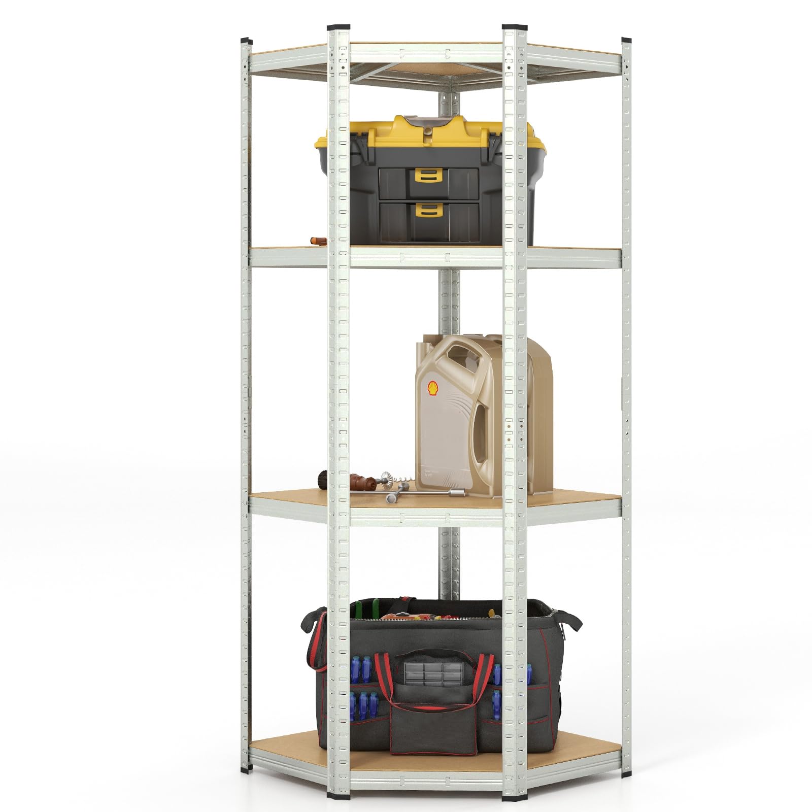COSTWAY Corner Garage Shelving Unit, 4 Tier Height Adjustable Boltless Storage Rack with 2 Anti-toppling Devices, Heavy Duty Metal Utility Storage Rack for Shed Workshop, 180kg Per Shlef (Silver)