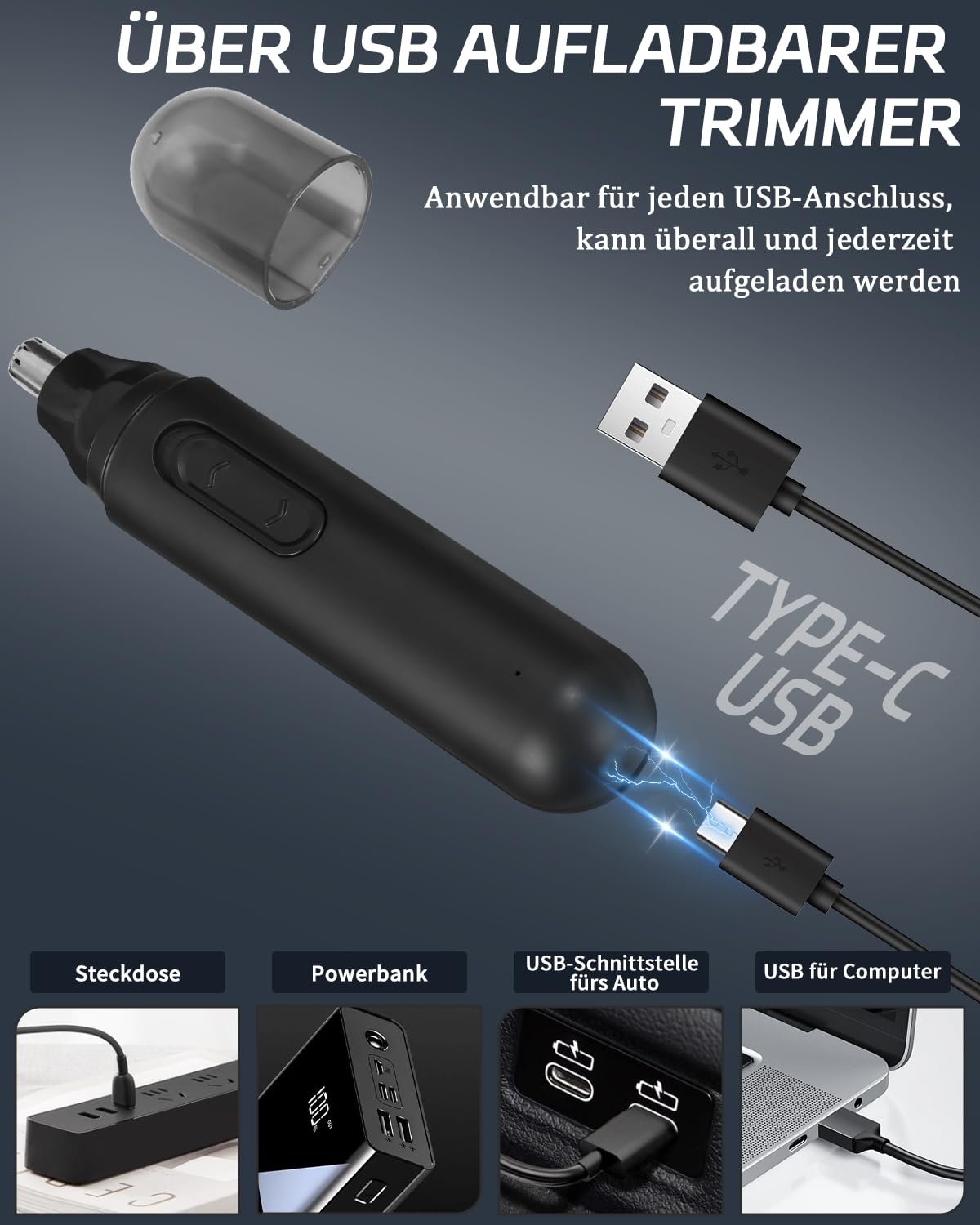 Trymer do włosów w nosie i uszach, akumulator USB, czarny