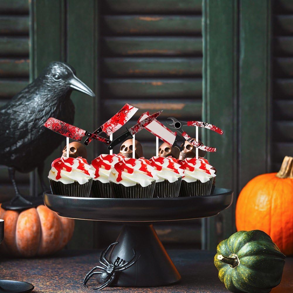 12 sztuk dekoracji tortów halloweenowych z motywem krwawego noża, dekoracje tortów urodzinowych na Halloween