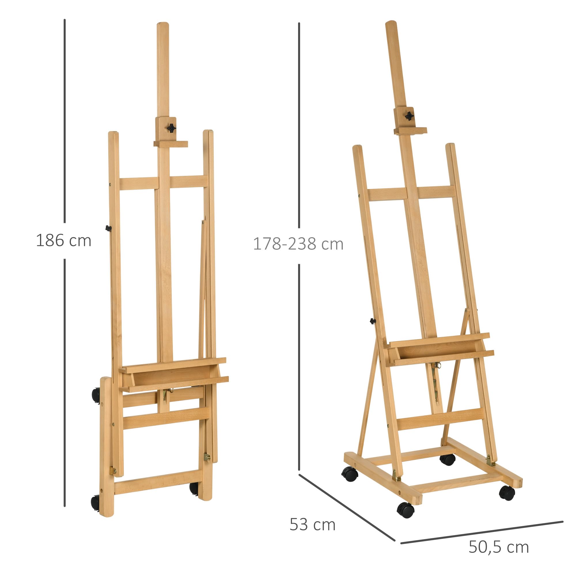 Vinsetto Chevalet d'artiste pliant sur roulettes en bois de hêtre pour toiles jusqu'à 118 cm, hauteur réglable, inclinaison réglable de 90° max. avec porte-pinceau en bois naturel