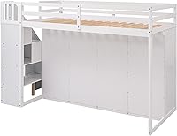 Vista 9 de Cama tipo loft de tamaño individual con 3 estantes, 2 armarios y 2 cajones, cama alta funcional con escalera de almacenamiento, marco de cama loft